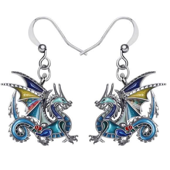Silver and Multicolor Enamel Mythical Dragon Dangling French Wire Hook Earrings - Picture 1 of 5